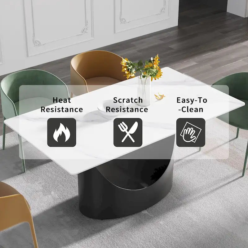 Table de salle à manger en marbre blanc 71 pour 6 à 8 personnes, plateau rectangulaire et pieds triangulaires en acier au carbone