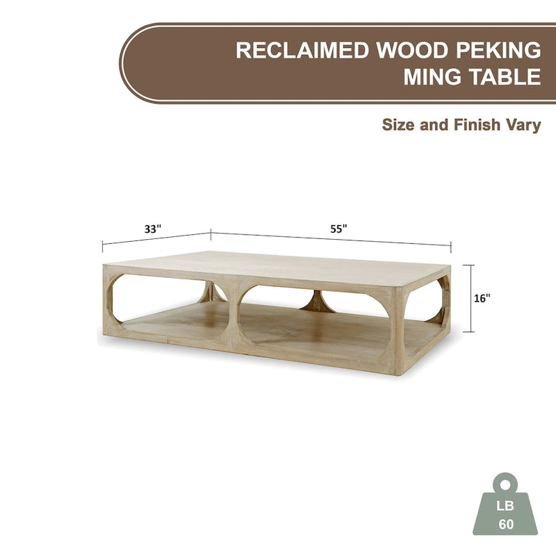 Table basse Artissance Peking Ming en bois recyclé, petit modèle, 140 cm de long, finition blanchie vieillie.