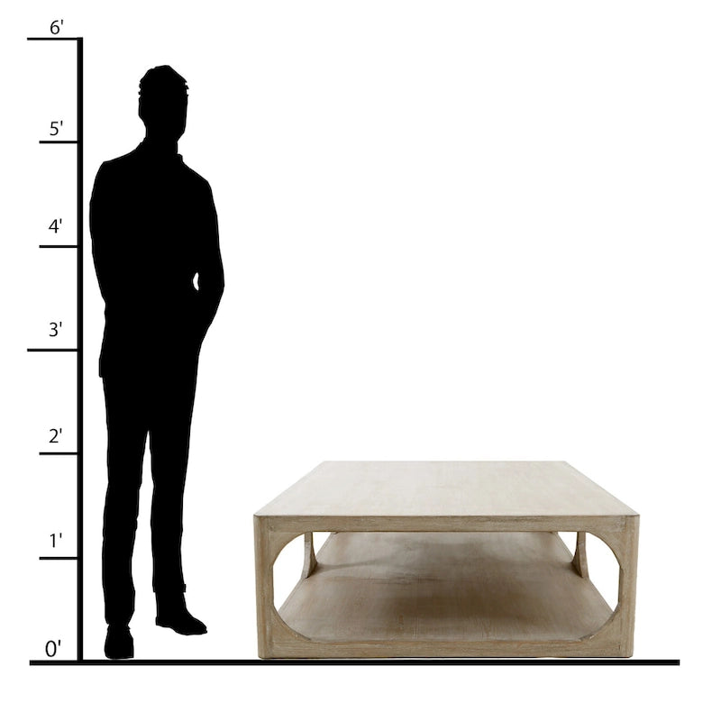 Table basse Artissance Peking Ming en bois recyclé, petit modèle, 140 cm de long, finition blanchie vieillie.