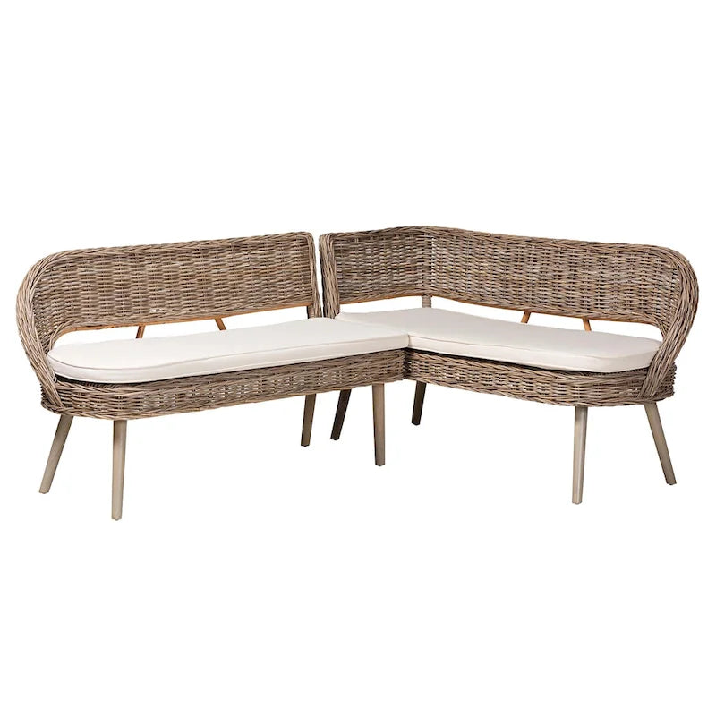 Ensemble banquette de salle à manger Raisa moderne de style bohème en rotin Kubu naturel et bois d'acacia, 2 pièces