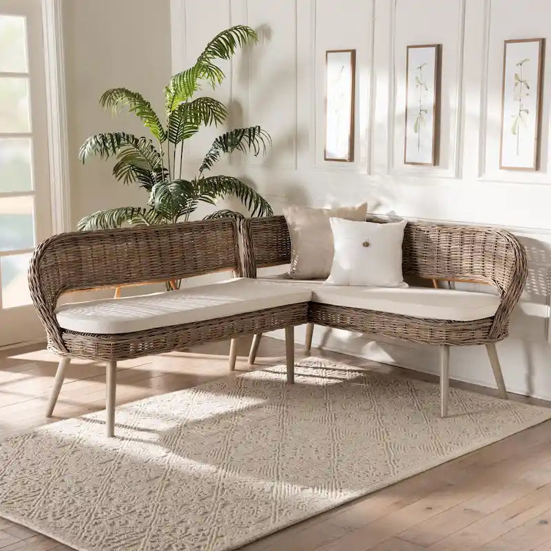 Ensemble banquette de salle à manger Raisa moderne de style bohème en rotin Kubu naturel et bois d'acacia, 2 pièces