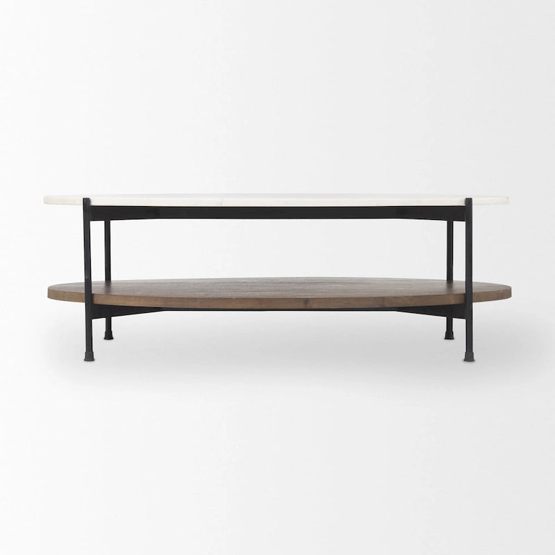 Table basse ovale Larkin avec plateau en marbre blanc et étagère en bois brun foncé