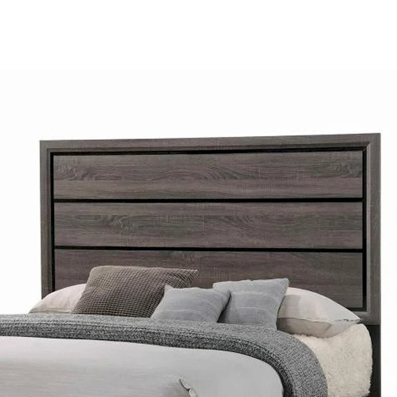 Lit King Size de style transitionnel en bois, avec tête de lit à lattes, chêne gris