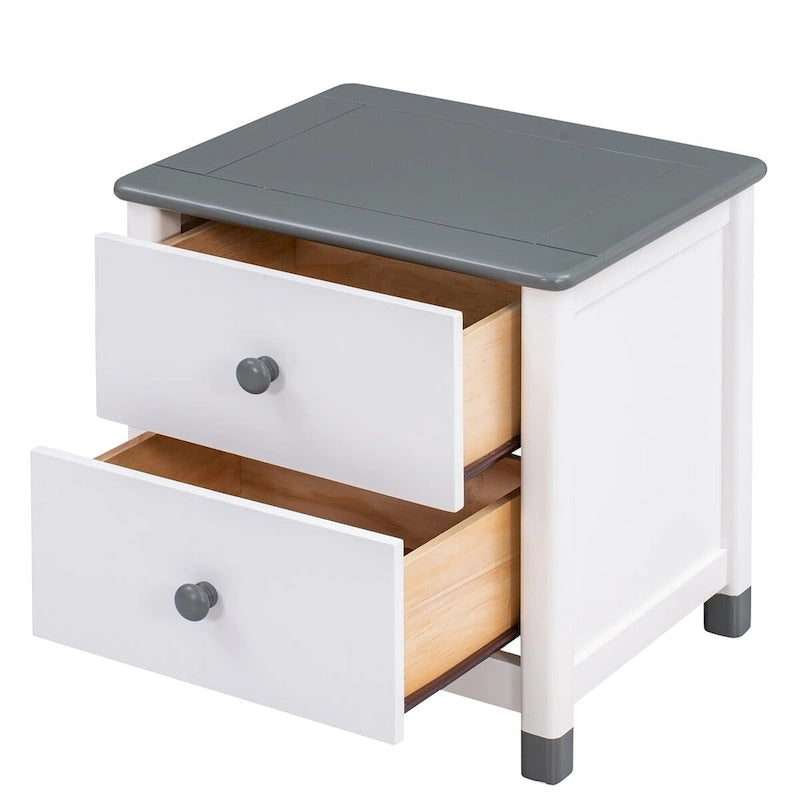 Ensemble de chambre à coucher 3 pièces comprenant un lit plateforme double, une table de chevet et une commode de rangement, blanc et gris.