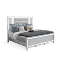 Lio Modern King Size Bed, LED, Mirror Trim, Silver Velvet Tufted Upholstery