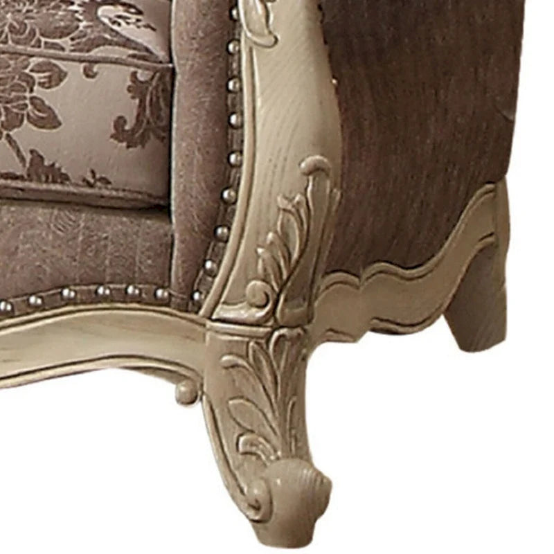 Canapé deux places en tissu à dossier arrondi et pieds cabriolet, gris et blanc