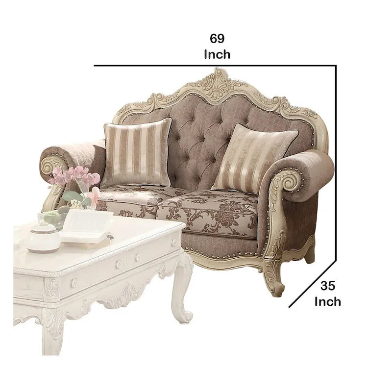 Canapé deux places en tissu à dossier arrondi et pieds cabriolet, gris et blanc