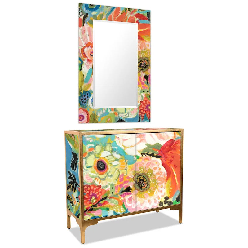 Ensemble console et miroir en verre biseauté imprimé floral Secret Garden