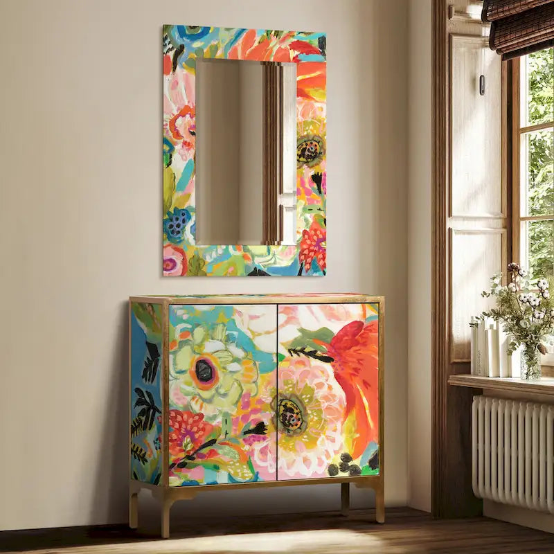 Ensemble console et miroir en verre biseauté imprimé floral Secret Garden