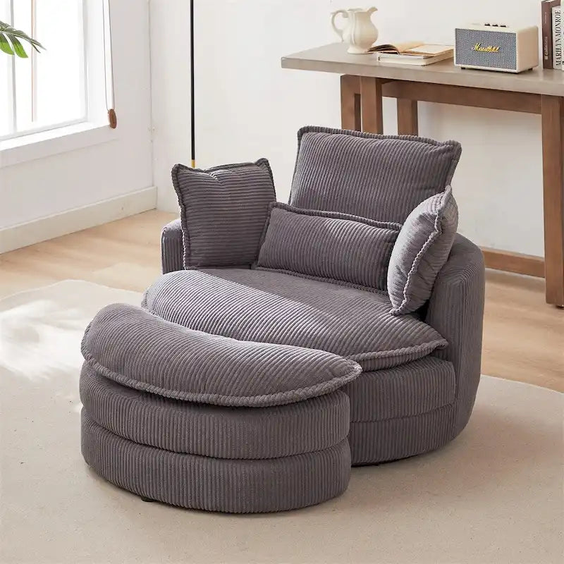 Fauteuil pivotant surdimensionné avec pouf de rangement en forme de lune et 4 coussins