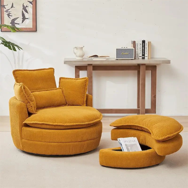 Fauteuil pivotant surdimensionné avec pouf de rangement en forme de lune et 4 coussins