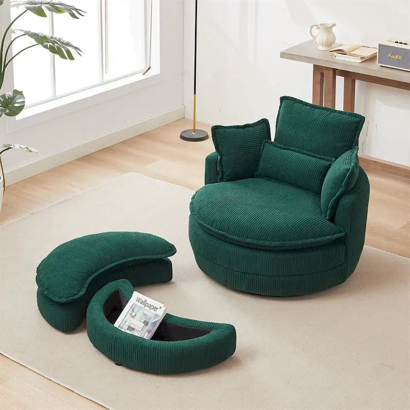 Fauteuil pivotant surdimensionné avec pouf de rangement en forme de lune et 4 coussins