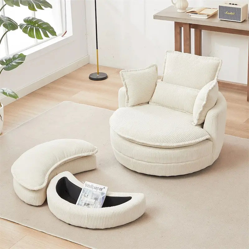 Fauteuil pivotant surdimensionné avec pouf de rangement en forme de lune et 4 coussins