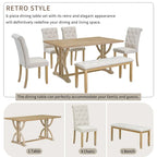 Ensemble de salle à manger rétro rectangulaire 6 pièces, comprenant une table aux pieds originaux, 4 chaises rembourrées et 1 banc, idéal pour la salle à manger et la cuisine.