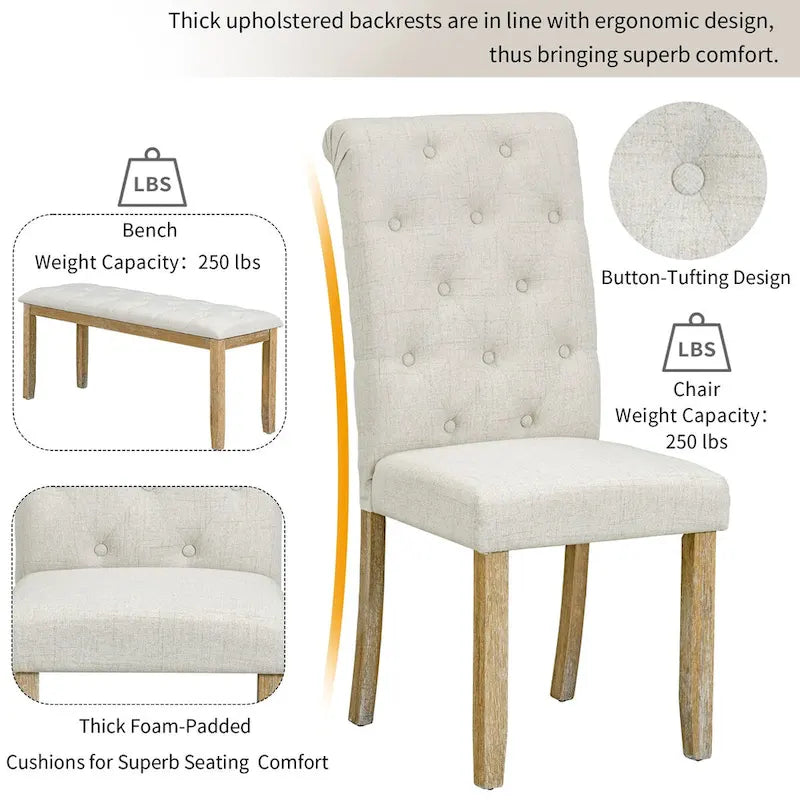 Ensemble de salle à manger rétro rectangulaire 6 pièces, comprenant une table aux pieds originaux, 4 chaises rembourrées et 1 banc, idéal pour la salle à manger et la cuisine.
