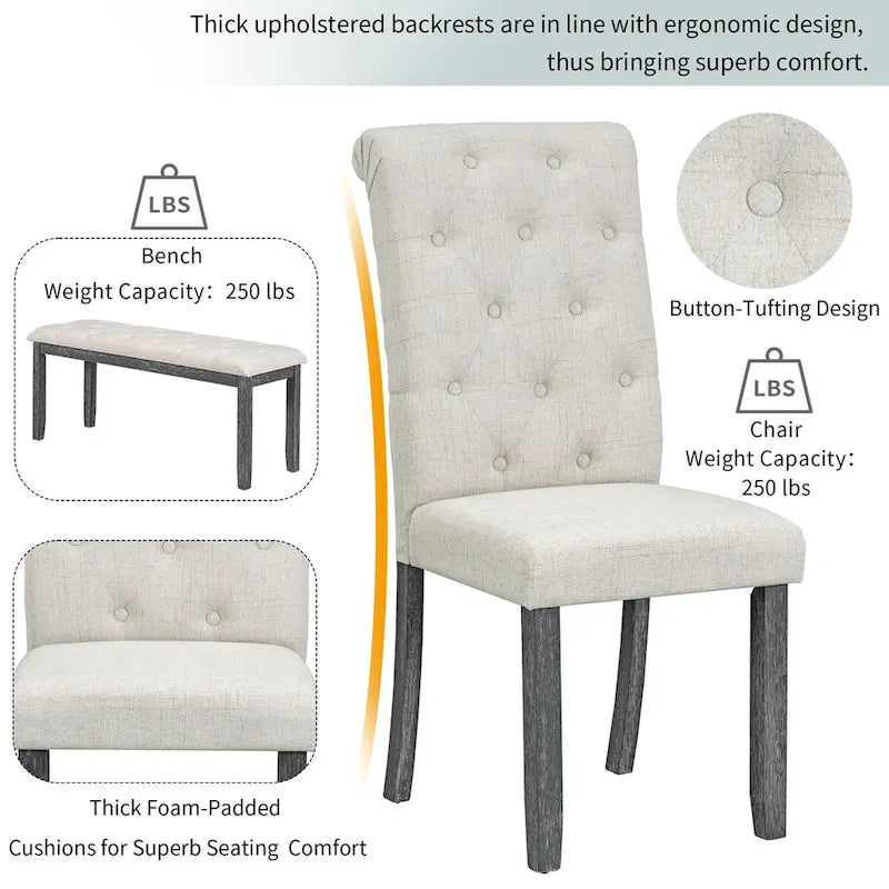 Ensemble de salle à manger rétro rectangulaire 6 pièces, comprenant une table aux pieds originaux, 4 chaises rembourrées et 1 banc, idéal pour la salle à manger et la cuisine.