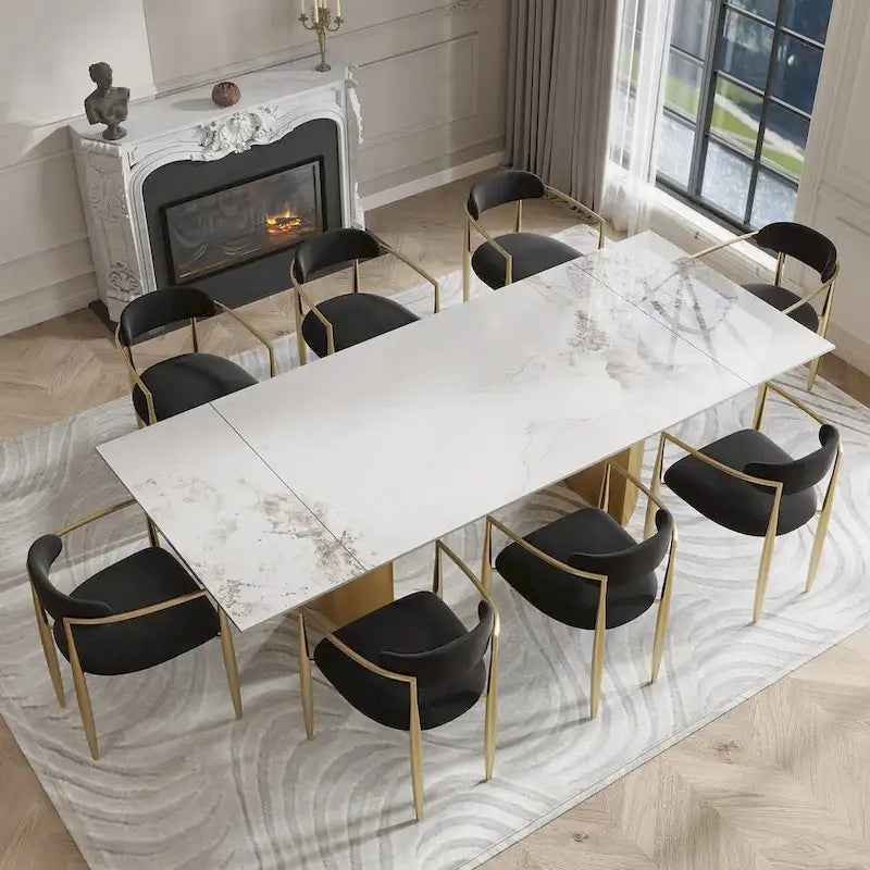94.48 Inch Modern Minimalist 9 - Piece Extendable Sintered Stone Top Double Pedestal Dining Set