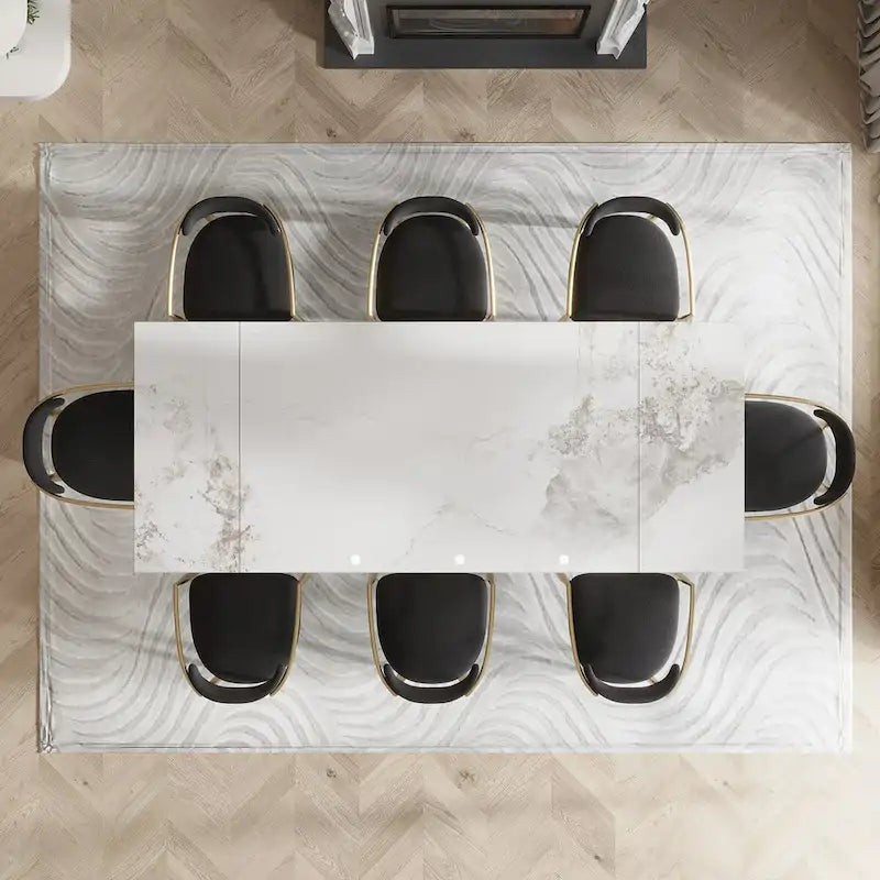 Ensemble de salle à manger moderne et minimaliste 9 pièces avec plateau en pierre frittée extensible et double piétement de 94,48 pouces