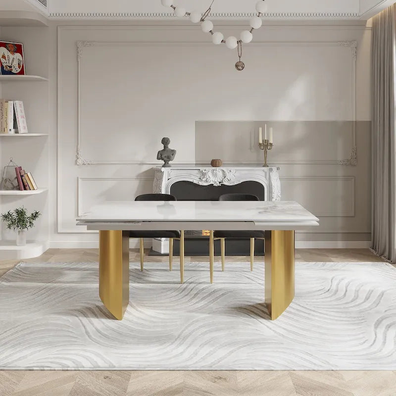 Ensemble de salle à manger moderne et minimaliste 9 pièces avec plateau en pierre frittée extensible et double piétement de 94,48 pouces