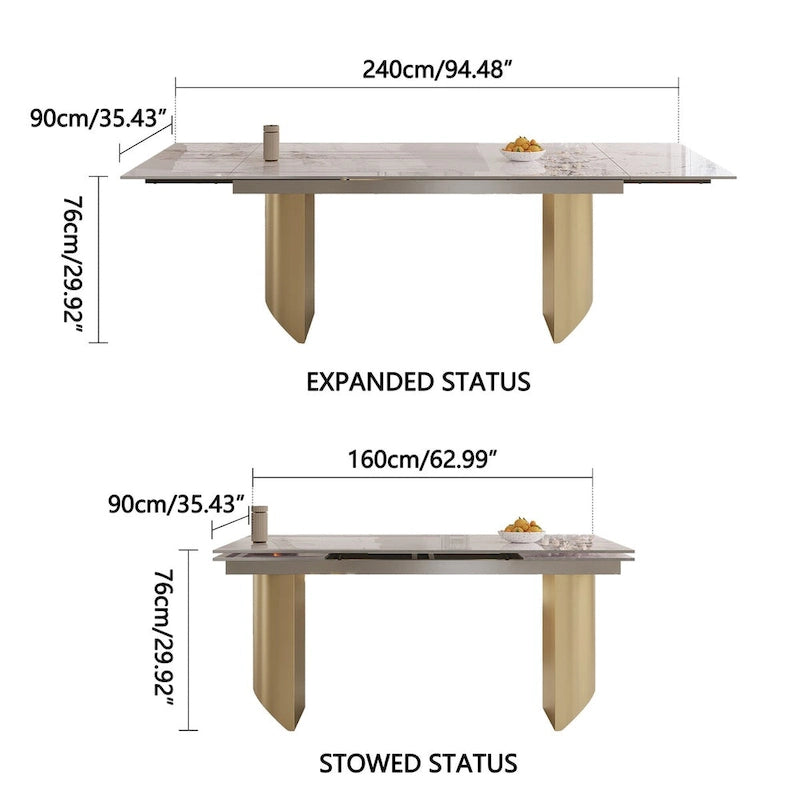 Ensemble de salle à manger moderne et minimaliste 9 pièces avec plateau en pierre frittée extensible et double piétement de 94,48 pouces