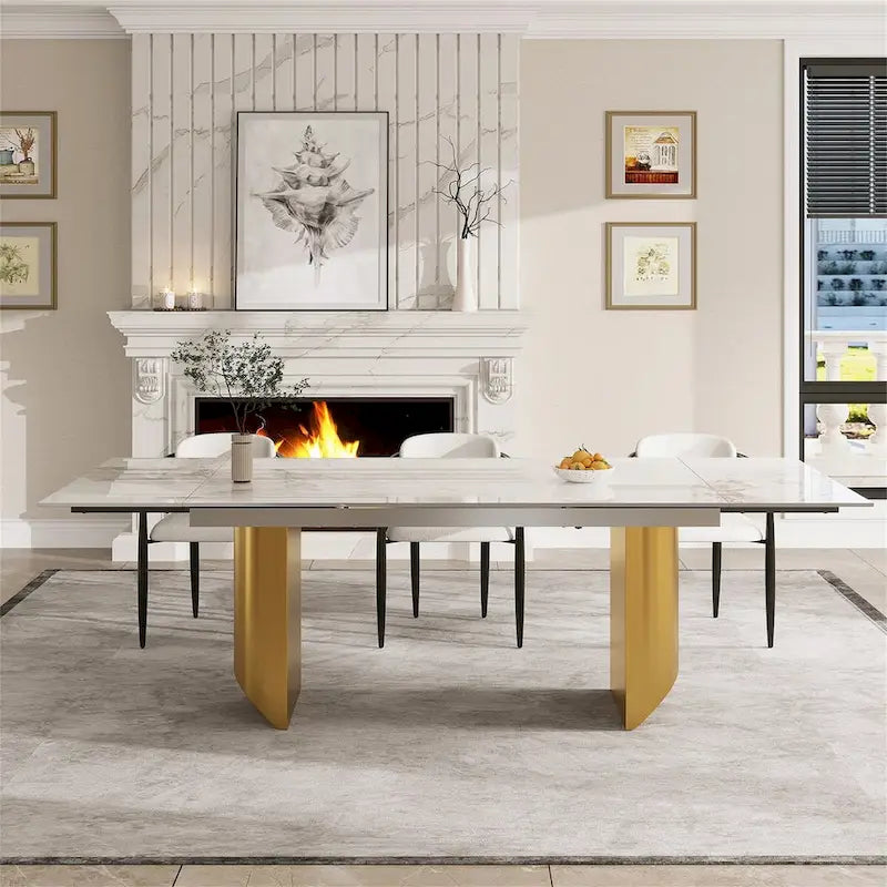Ensemble de salle à manger moderne et minimaliste 9 pièces avec plateau en pierre frittée extensible et double piétement de 94,48 pouces
