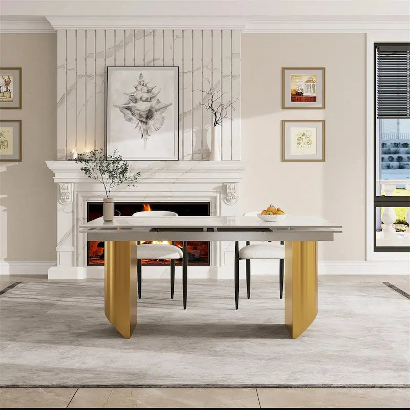 Ensemble de salle à manger moderne et minimaliste 9 pièces avec plateau en pierre frittée extensible et double piétement de 94,48 pouces