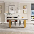 Ensemble de salle à manger moderne et minimaliste 9 pièces avec plateau en pierre frittée extensible et double piétement de 94,48 pouces