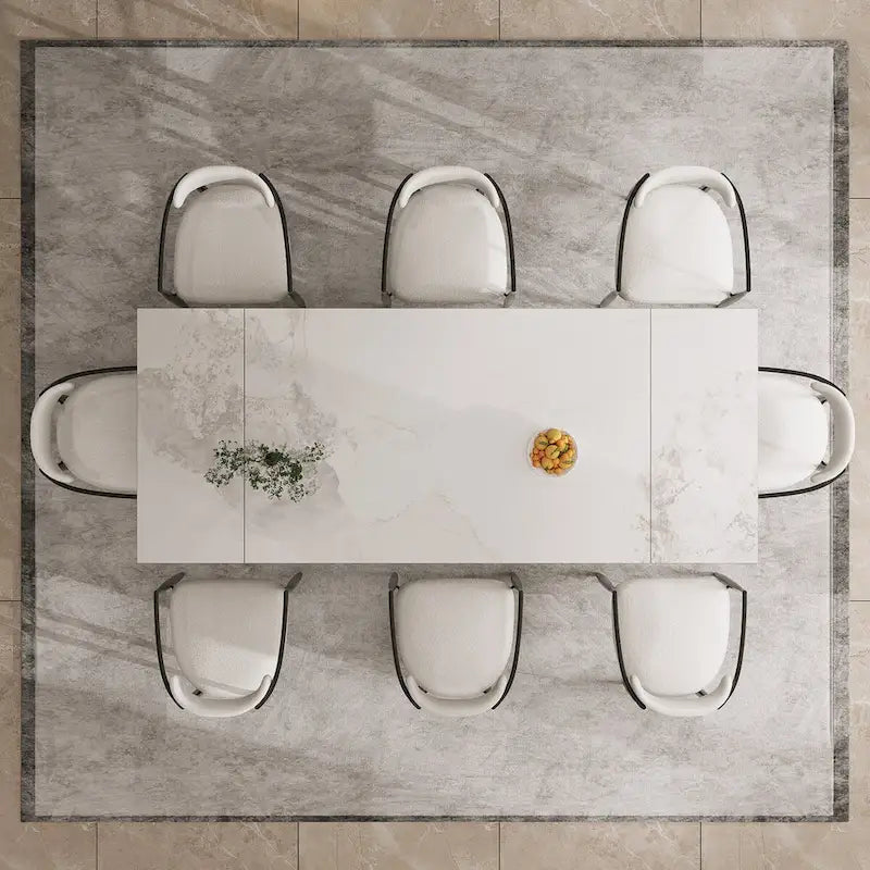 Ensemble de salle à manger moderne et minimaliste 9 pièces avec plateau en pierre frittée extensible et double piétement de 94,48 pouces