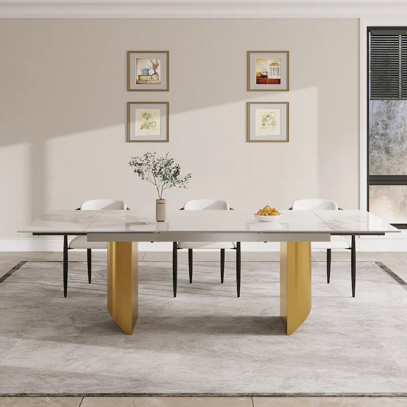 Ensemble de salle à manger moderne et minimaliste 9 pièces avec plateau en pierre frittée extensible et double piétement de 94,48 pouces