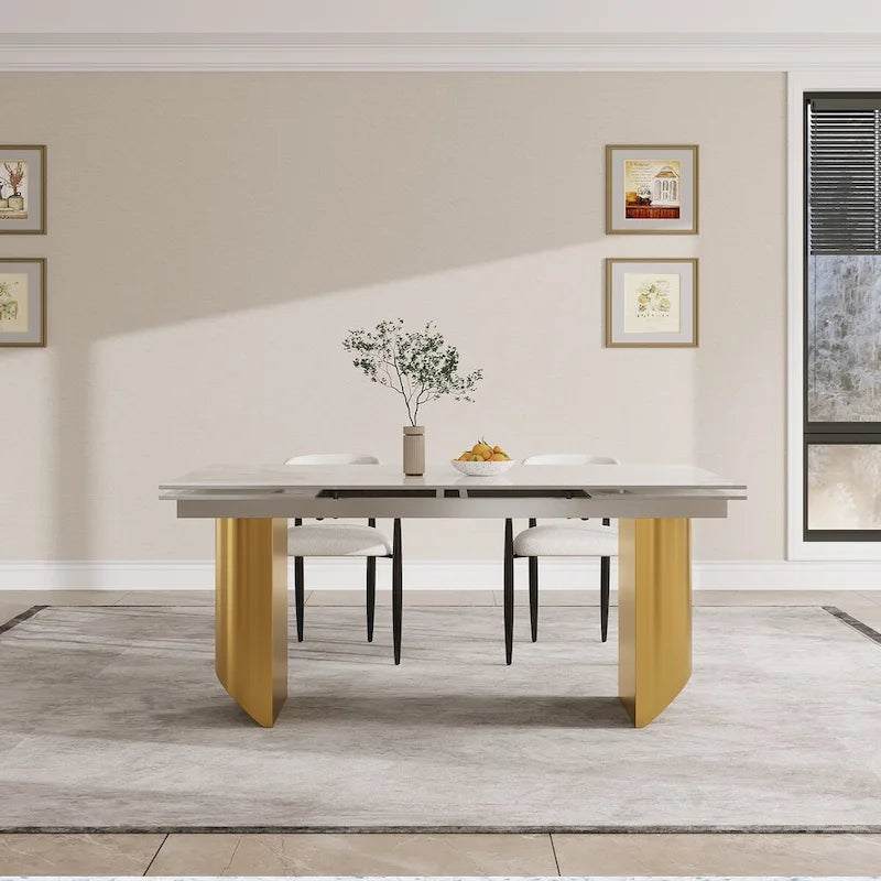 Ensemble de salle à manger moderne et minimaliste 9 pièces avec plateau en pierre frittée extensible et double piétement de 94,48 pouces